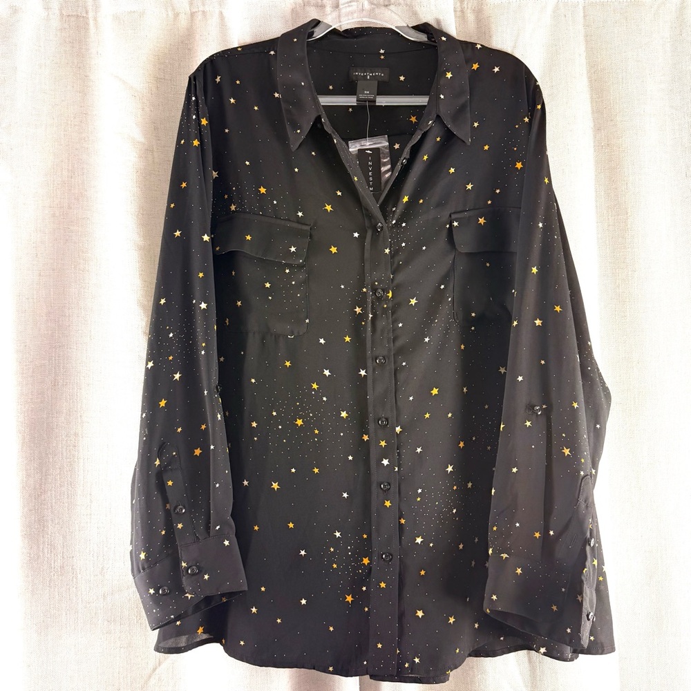 Investments Women’s Casual Shirt Plus Size Long Sleeve Stars Pockets 3/4 Sleeve